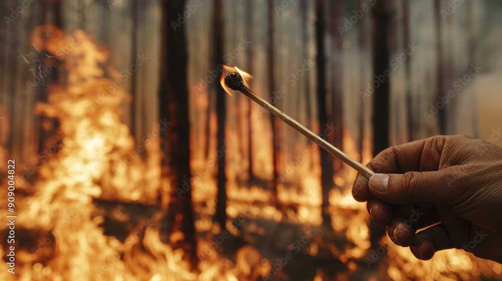 Man Holding Burning Match While Wildfire Flames Spread Through Forests and Fields, Highlighting Environmental Crisis and Fire Hazards Man Holding Burning Match While Wildfire Flames Spread Through Forests and Fields, Highlighting Environmental Crisis and Fire Hazards