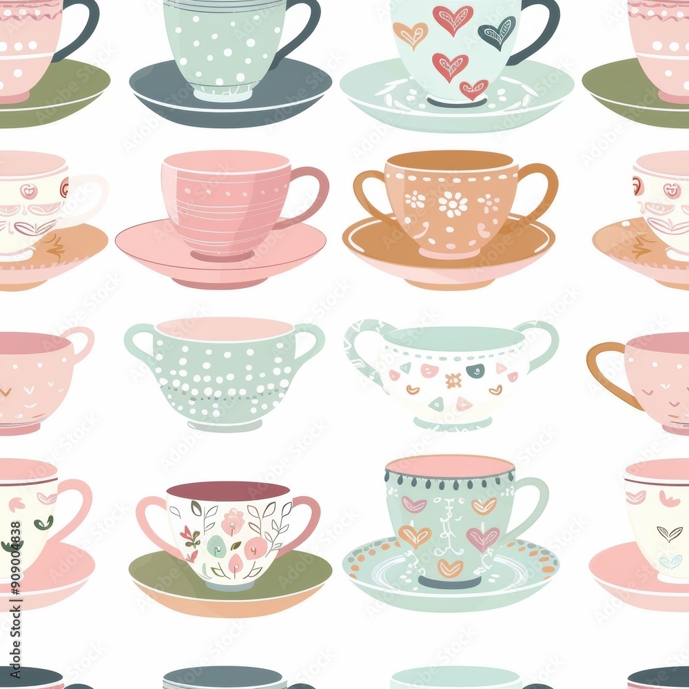 Charming Pastel-Colored Teacups and Saucers with Delightful Patterns for Tea Party. Charming Pastel-Colored Teacups and Saucers with Delightful Patterns for Tea Party.