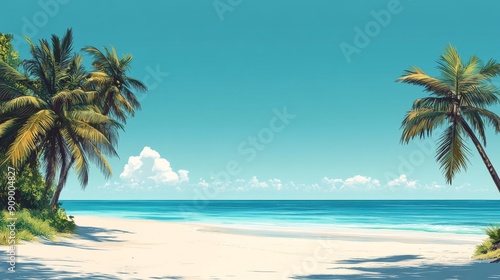 Tropical Beach Scene with Palm Trees and Blue Sky