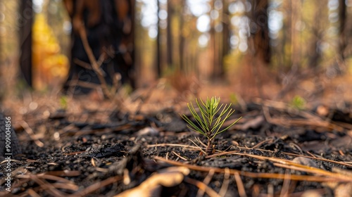 Resilient Evergreen Tree Sprouts Emerging from the Ashes of a Devastating Forest Fire, Symbolizing Renewal and Hope in Nature