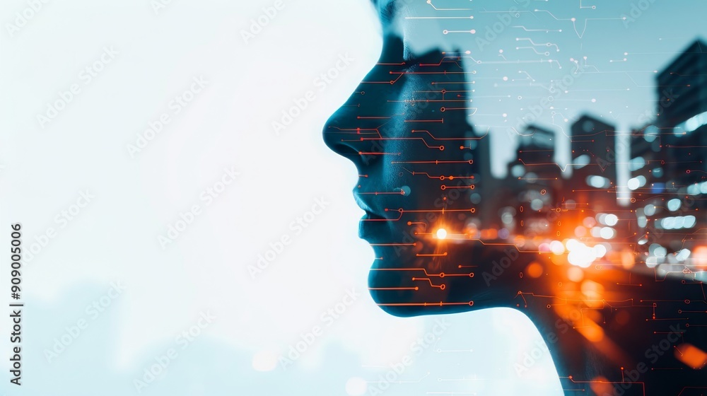 Set designer in a futuristic studio, model with a double exposure effect combining digital circuits and urban landscapes Set designer in a futuristic studio, model with a double exposure effect combining digital circuits and urban landscapes