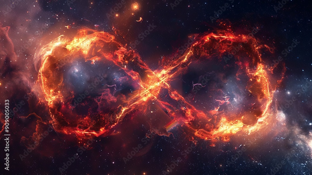 A visually striking image of a fiery infinity symbol set in the vastness of space, illuminated by stars and cosmic gases, evoking timelessness and the universe's infinite nature. A visually striking image of a fiery infinity symbol set in the vastness of space, illuminated by stars and cosmic gases, evoking timelessness and the universe's infinite nature.