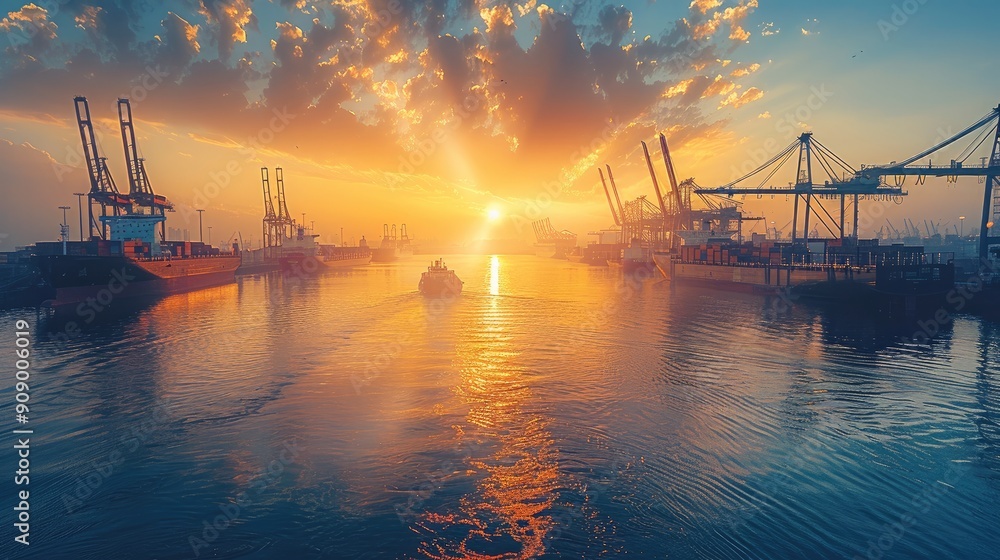 A lively harbor at sunrise, with cranes in motion against a backdrop of the awakening sky, epitomizing global commerce in action. Generative AI. A lively harbor at sunrise, with cranes in motion against a backdrop of the awakening sky, epitomizing global commerce in action. Generative AI.