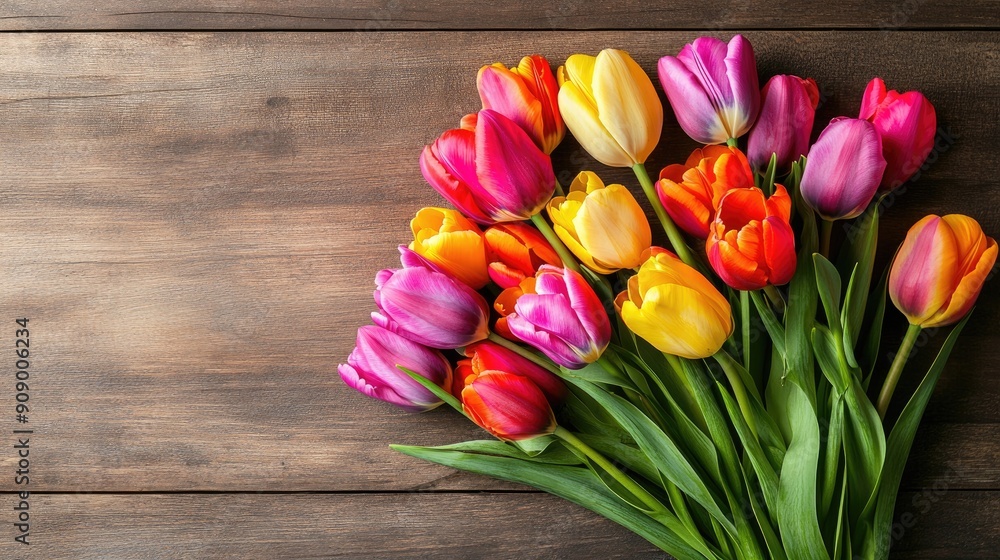 Top-down view of a bouquet of bright, colorful tulips placed on a wooden table, perfect for showcasing floral beauty and elegance Top-down view of a bouquet of bright, colorful tulips placed on a wooden table, perfect for showcasing floral beauty and elegance