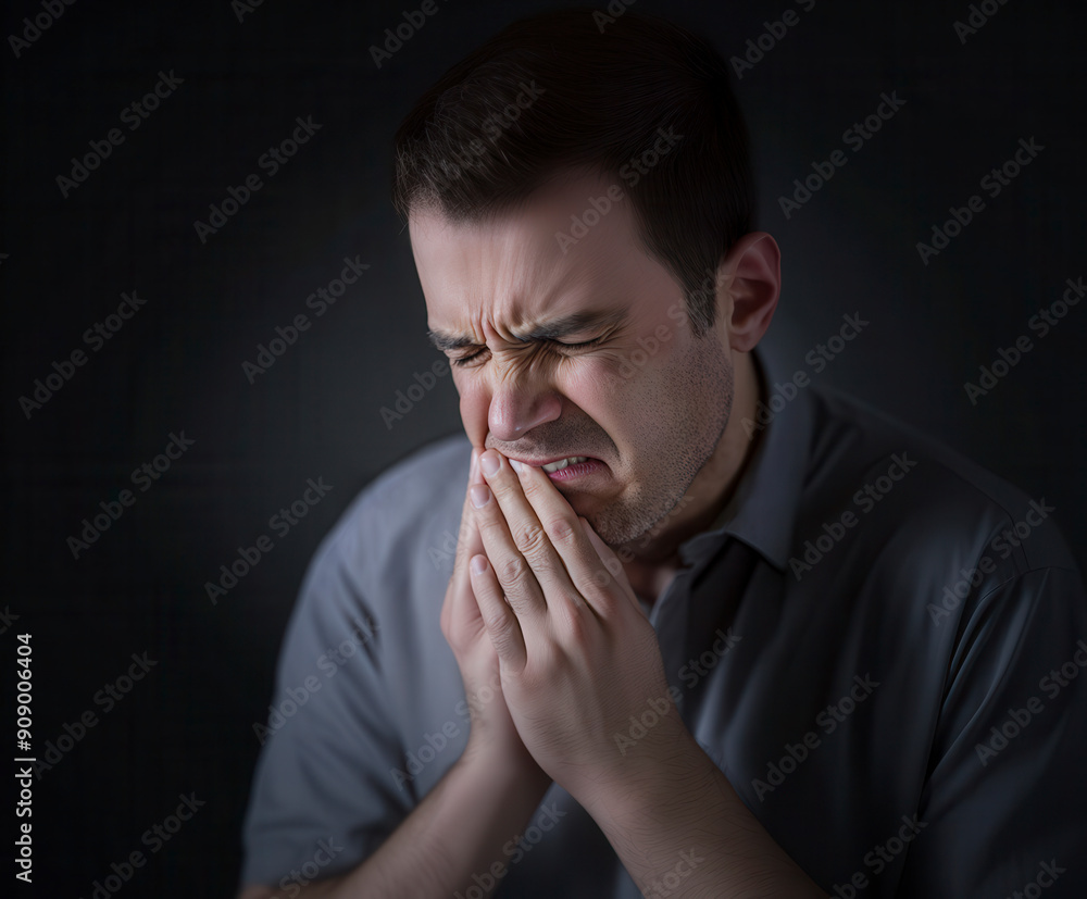 Man Gripping His Cheek in Pain, Suffering from Toothache Man Gripping His Cheek in Pain, Suffering from Toothache
