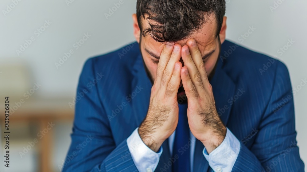 A distressed businessman with hands on his face, conveying stress and anxiety in a professional environment. A distressed businessman with hands on his face, conveying stress and anxiety in a professional environment.