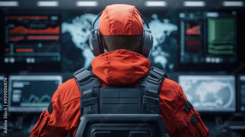 A focused operator in an orange suit monitors multiple screens displaying global data and analytics in a high-tech control room. A focused operator in an orange suit monitors multiple screens displaying global data and analytics in a high-tech control room.