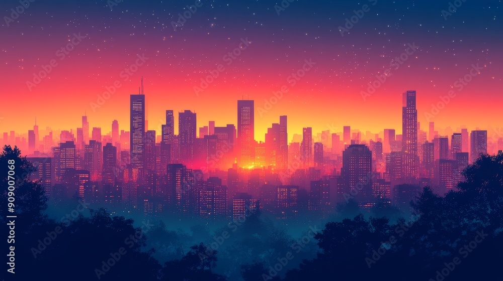 Cityscape at Twilight with Starry Sky and Trees in the Foreground Cityscape at Twilight with Starry Sky and Trees in the Foreground