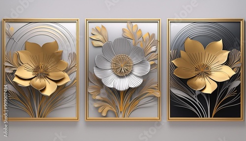 A set of three abstract wall art panels with 3D flowers in gold and silver tones photo