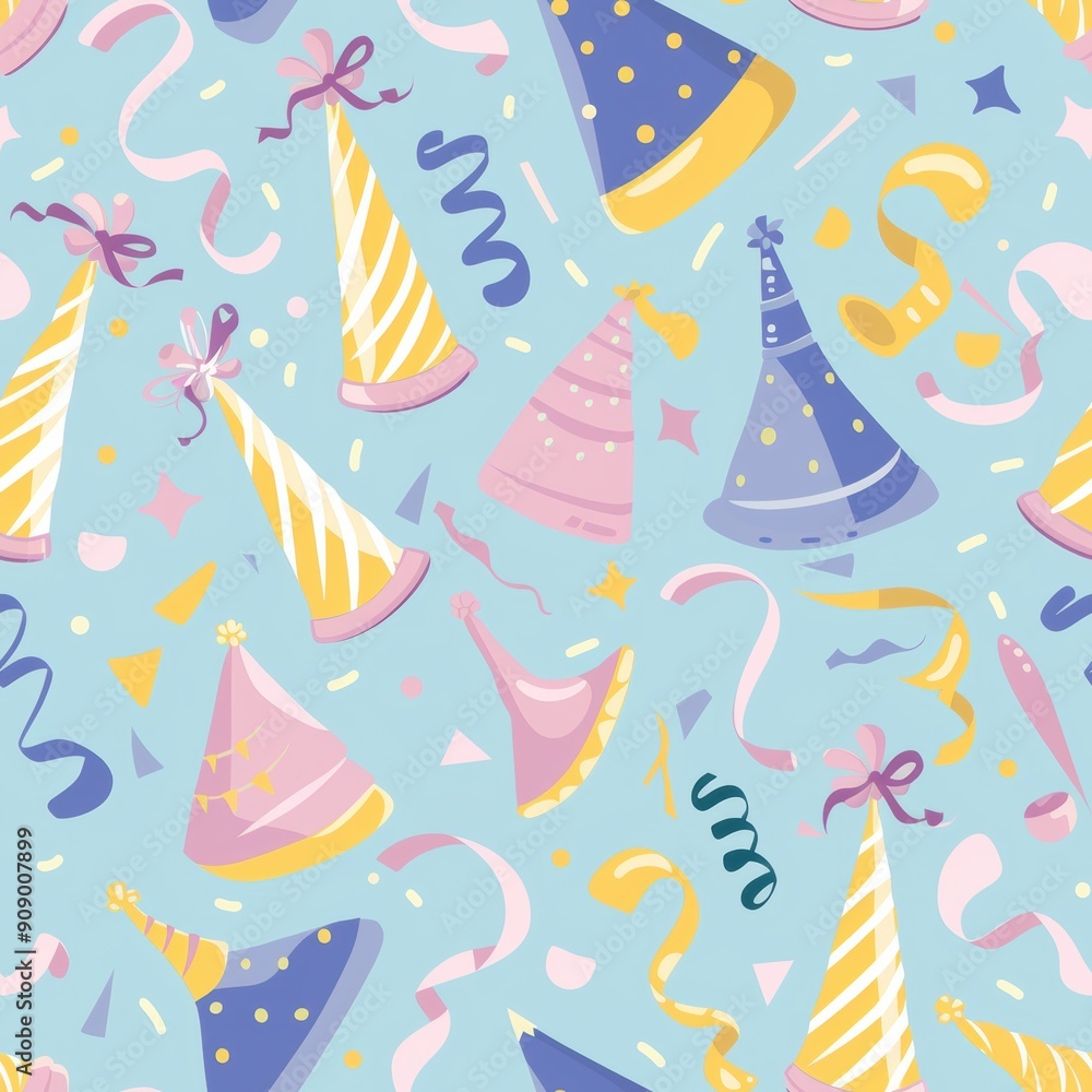 Whimsical Seamless Pattern of Pastel Party Hats and Streamers for Festive Designs Whimsical Seamless Pattern of Pastel Party Hats and Streamers for Festive Designs