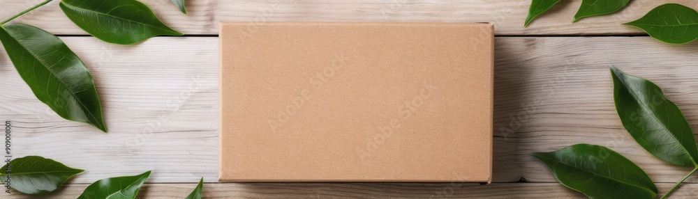 A simple brown cardboard box surrounded by fresh green leaves on a wooden surface, perfect for packaging or shipping concepts. A simple brown cardboard box surrounded by fresh green leaves on a wooden surface, perfect for packaging or shipping concepts.