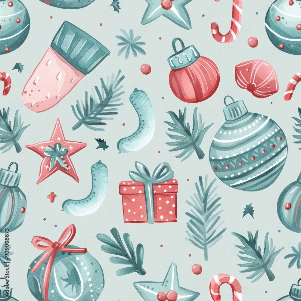 Whimsical Pastel Christmas Ornaments and Gifts Seamless Pattern for Festive Designs Whimsical Pastel Christmas Ornaments and Gifts Seamless Pattern for Festive Designs
