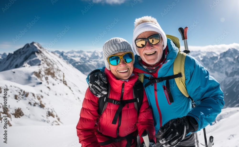 Elderly couple clad in ski gear shares a heartwarming moment, reveling in the joy of winter and the enduring warmth of their alpine love.Generated image Elderly couple clad in ski gear shares a heartwarming moment, reveling in the joy of winter and the enduring warmth of their alpine love.Generated image