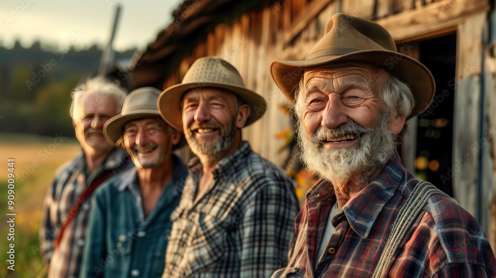 Group of four smiling elderly farmers in front of a rustic barn during sunset, wearing hats and looking at the camera. Nostalgic close-up with a focus on the old barn and warm evening light. Group of four smiling elderly farmers in front of a rustic barn during sunset, wearing hats and looking at the camera. Nostalgic close-up with a focus on the old barn and warm evening light.