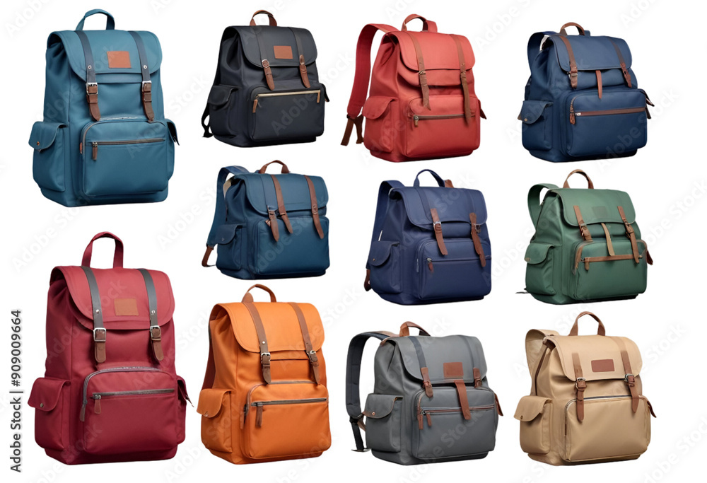 classic multi pocket backpacks set in different colours isolated on transparent background, Collection classic multi pocket backpacks set in different colours isolated on transparent background, Collection