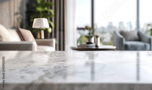Bright and Modern Living Room D  cor With Marble Table and City View on a Sunny Day