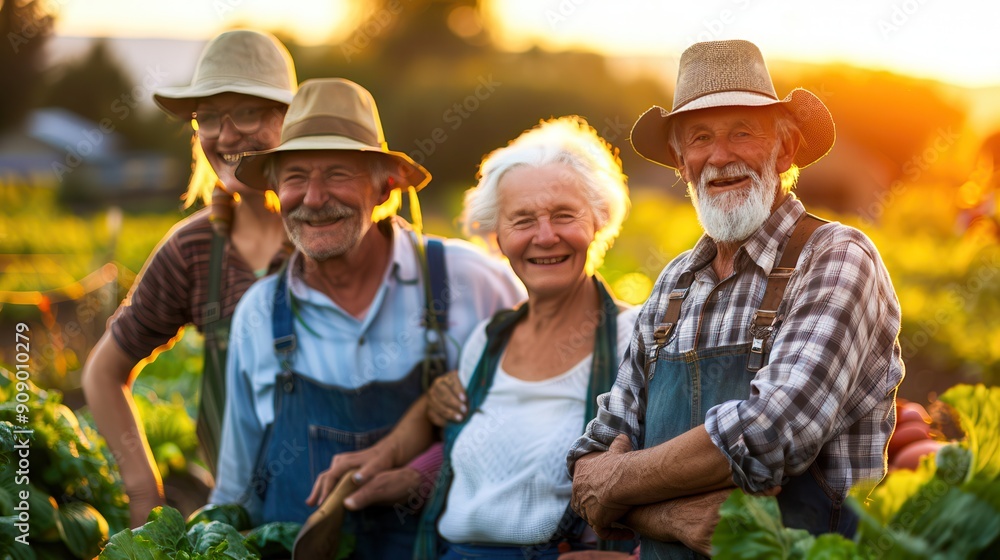 Group of senior farmers smiling in a vegetable garden at sunset, wearing hats and looking at the camera. Close-up detail highlights vibrant vegetable colors and warm evening light. Group of senior farmers smiling in a vegetable garden at sunset, wearing hats and looking at the camera. Close-up detail highlights vibrant vegetable colors and warm evening light.