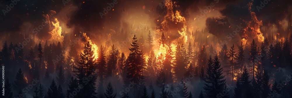 Bright flames engulf the forest as smoke and ash billow into the air, creating a dramatic and destructive landscape. Generative AI Bright flames engulf the forest as smoke and ash billow into the air, creating a dramatic and destructive landscape. Generative AI