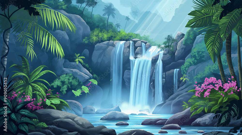 The Fantasy landscape with cascade waterfall and beautiful tropical plants, game background, Illustration The Fantasy landscape with cascade waterfall and beautiful tropical plants, game background, Illustration
