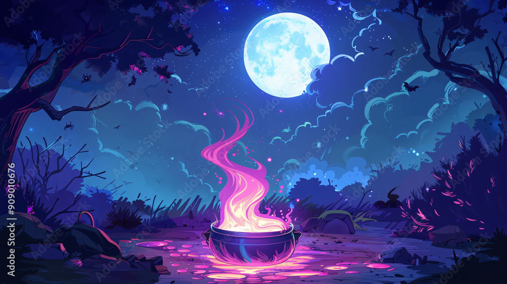 Brewing a magical elixir in a cauldron beneath the full moon in a mysterious forest, conjuring an enchanting and mystical aura Brewing a magical elixir in a cauldron beneath the full moon in a mysterious forest, conjuring an enchanting and mystical aura