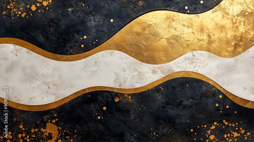 Abstract artwork displays wavy gold and white lines over a textured dark surface with splashes of color