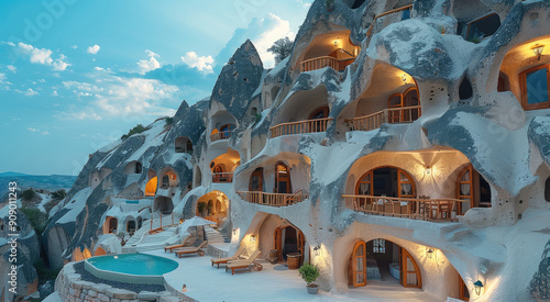 Built into the rocks and mountainside in ultra-high resolution, the ancient rock-cut villas and unique architecture. Generative AI.