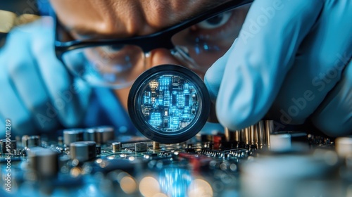 A man is looking at a computer chip with a magnifying glass