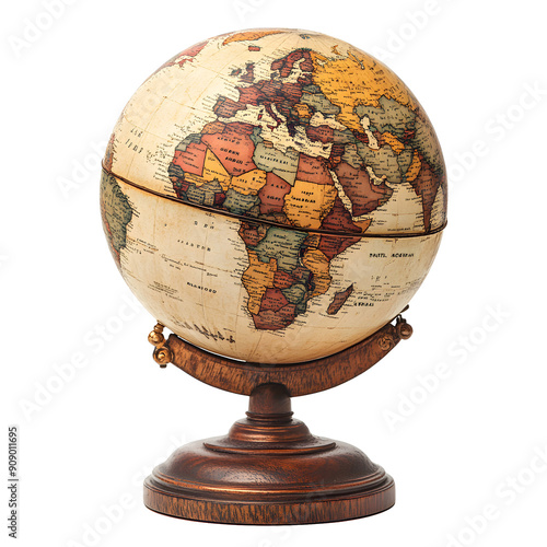 A single, detailed globe on a stand, showing geographical features, isolated on a white background.