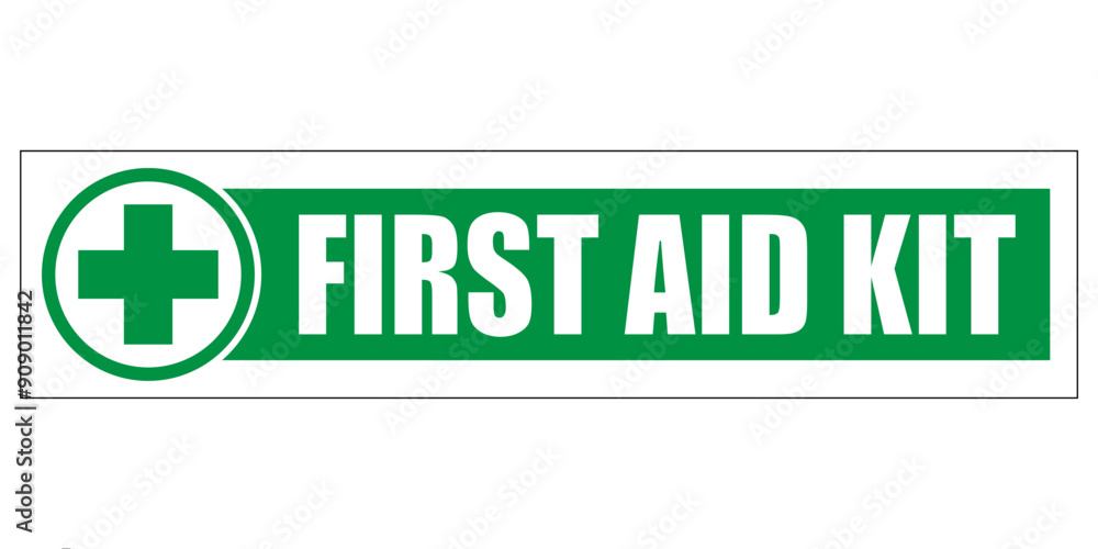 First aid kit, information sign with green cross on white circle and text on the right on green background. Horizontal long strip shape, sticker. First aid kit, information sign with green cross on white circle and text on the right on green background. Horizontal long strip shape, sticker.