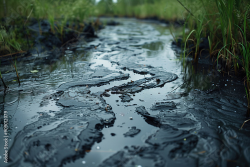 Polluted water filled with toxic chemical waste, oil spills in natural environment. Contaminated river, stream showcase environmental damage and pollution problems. Concept of environmental pollution