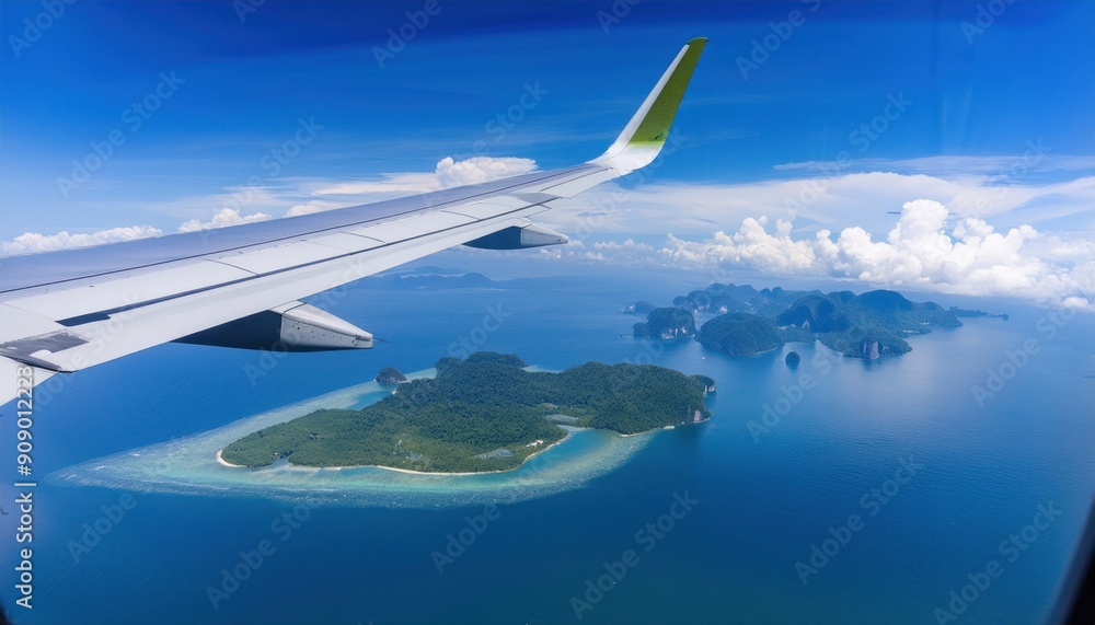 Airplane fly high in sky on a sunny day, view from plane window of beautiful island and sea and clouds and wing turbines Airplane fly high in sky on a sunny day, view from plane window of beautiful island and sea and clouds and wing turbines