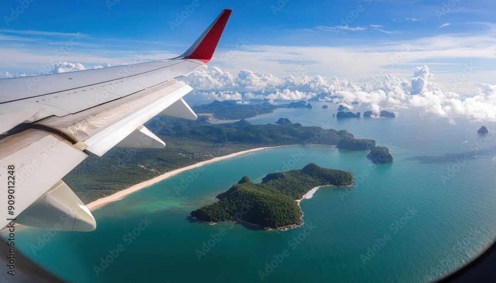 Obraz premium Airplane fly high in sky on a sunny day, view from plane window of beautiful island and sea and clouds and wing turbines