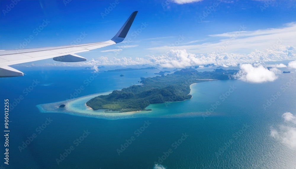 Obraz premium Airplane fly high in sky on a sunny day, view from plane window of beautiful island and sea and clouds and wing turbines