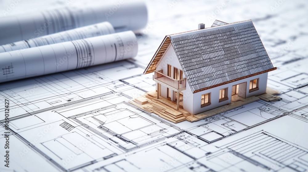 House under construction on blueprints close up. Building project concept House under construction on blueprints close up. Building project concept