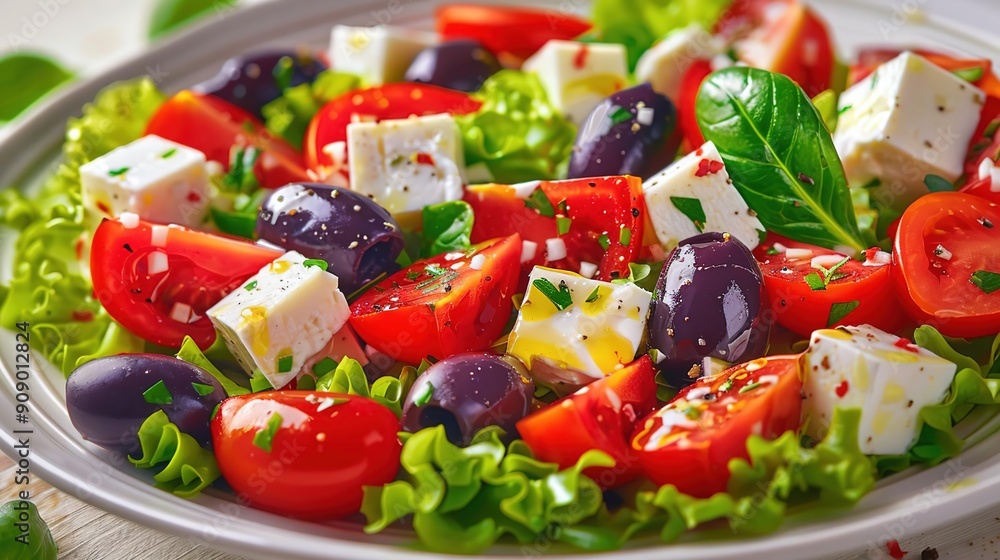 Fresh Greek Salad with Feta Cheese, Tomatoes, Olives, and Lettuce - Photo Fresh Greek Salad with Feta Cheese, Tomatoes, Olives, and Lettuce - Photo