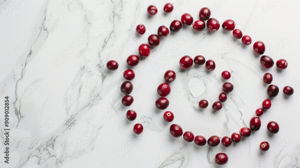 An artistic arrangement of cranberries forming a spiral pattern on a white marble surface, creating a minimalist and elegant aesthetic An artistic arrangement of cranberries forming a spiral pattern on a white marble surface, creating a minimalist and elegant aesthetic