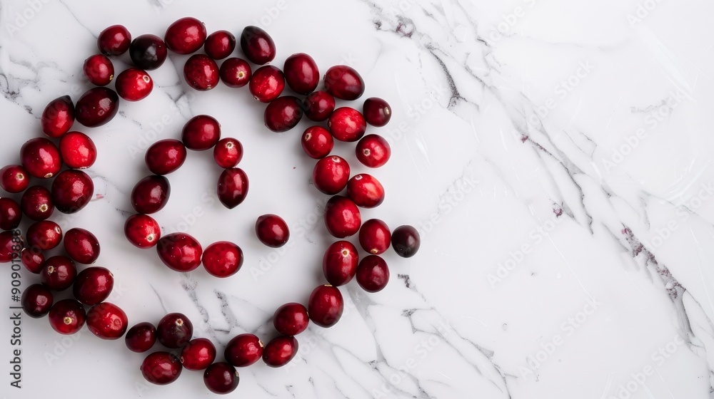 An artistic arrangement of cranberries forming a spiral pattern on a white marble surface, creating a minimalist and elegant aesthetic An artistic arrangement of cranberries forming a spiral pattern on a white marble surface, creating a minimalist and elegant aesthetic