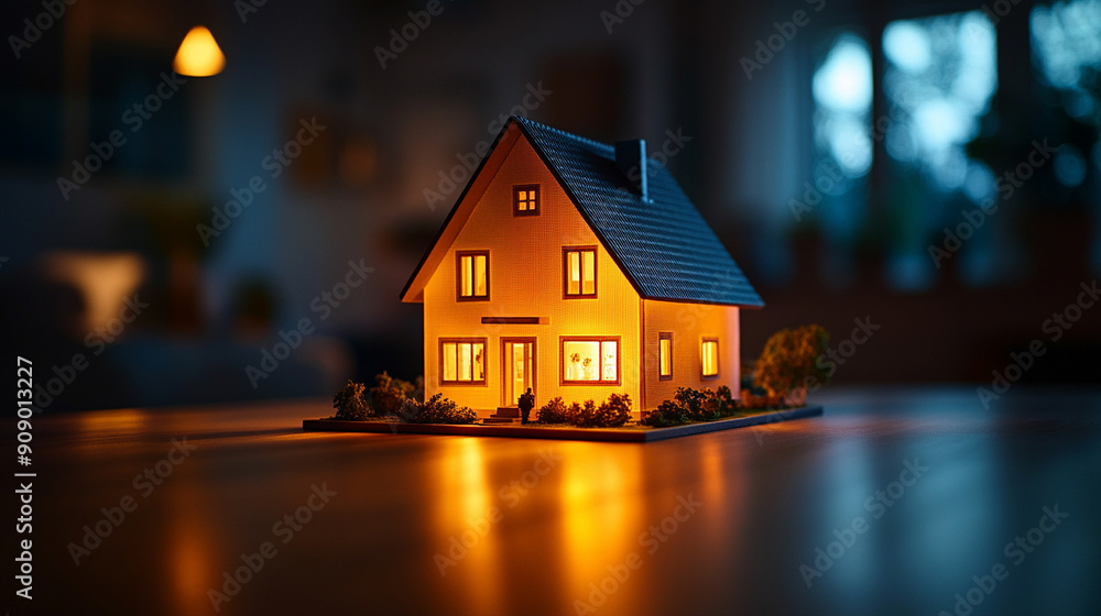 house model on a table, lit from within, showcasing intricate design and warmth, symbolizing home, security, and creativity house model on a table, lit from within, showcasing intricate design and warmth, symbolizing home, security, and creativity