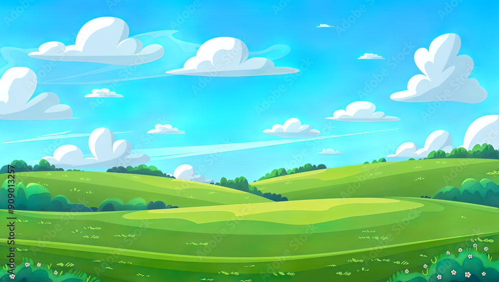 Fototapeta premium A cartoon vector illustration of a green meadow landscape with a...