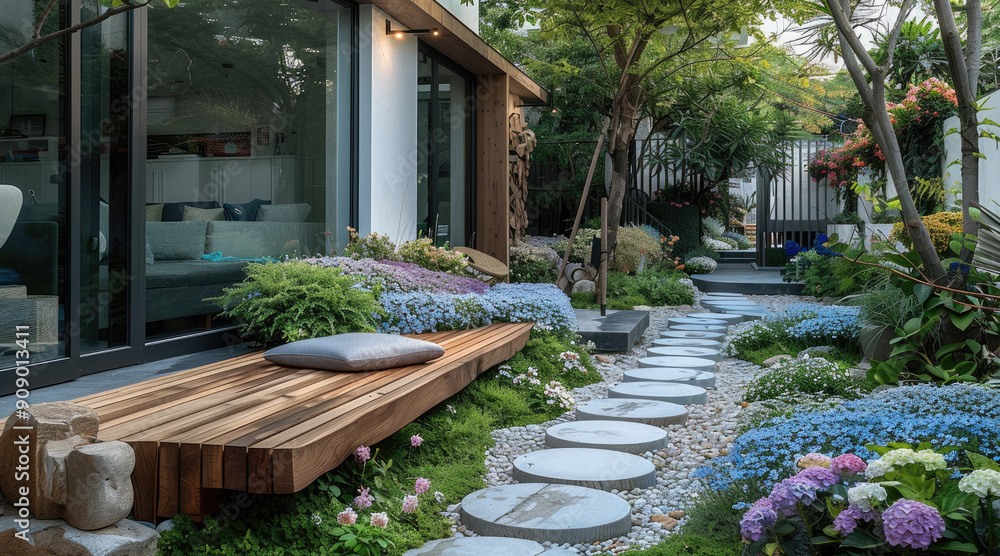 A modern garden, a modern style villa surrounded by crisp paving, stones and lush greenery. A large wooden bench sits on one side of an open space surrounded by flowers and plants. Generative AI. A modern garden, a modern style villa surrounded by crisp paving, stones and lush greenery. A large wooden bench sits on one side of an open space surrounded by flowers and plants. Generative AI.