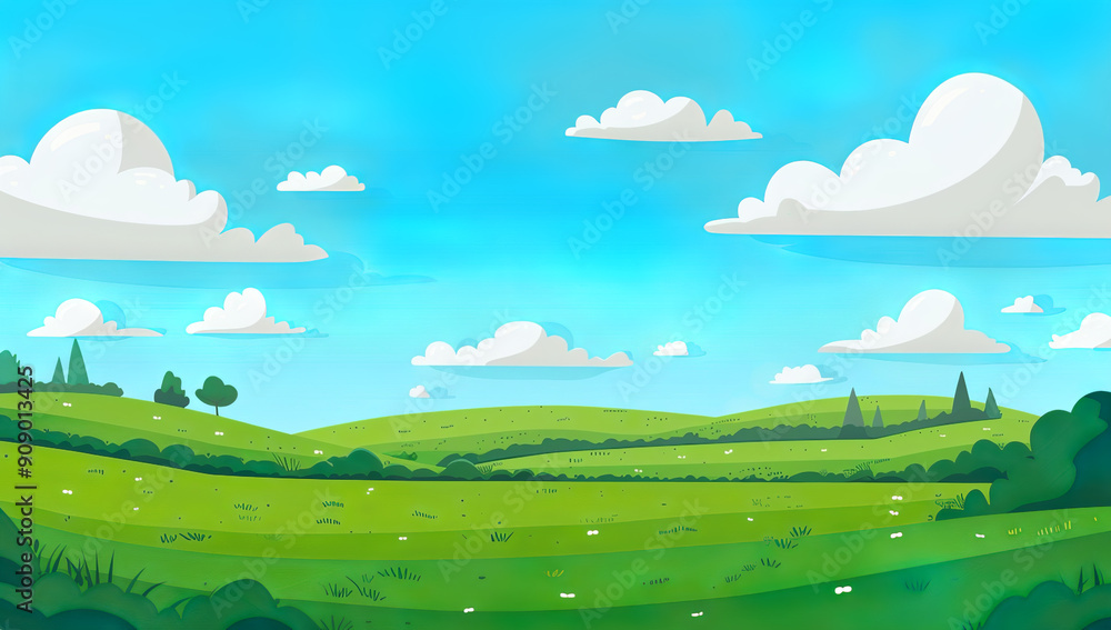A cartoon vector illustration of a green meadow landscape with a... A cartoon vector illustration of a green meadow landscape with a...