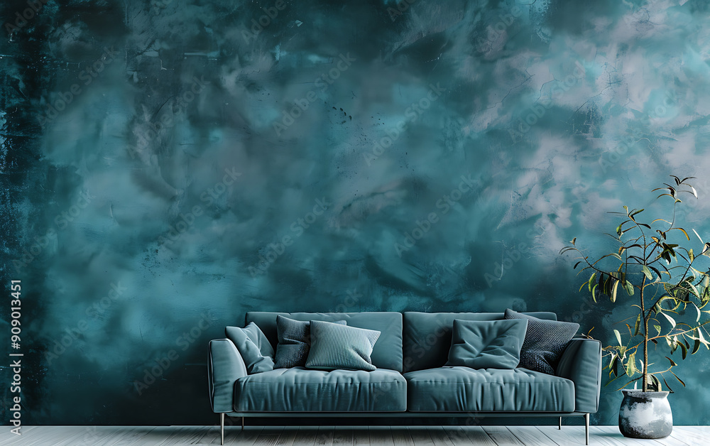 Teal and gray living room interior with a modern sofa evokes a sense of calm and sophistication. 
