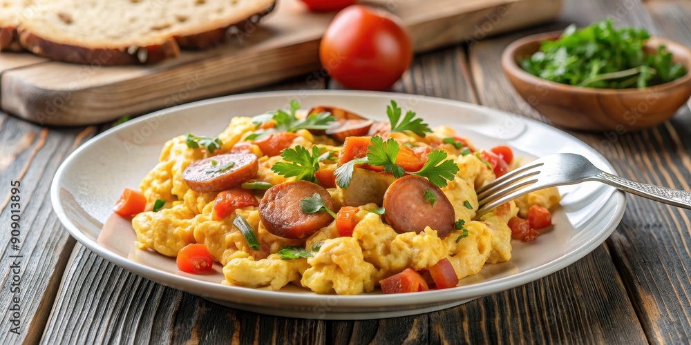 Scrambled eggs in tomato sauce and sausage on a plate, breakfast, food, delicious, meal, protein, savory, cooked, dish Scrambled eggs in tomato sauce and sausage on a plate, breakfast, food, delicious, meal, protein, savory, cooked, dish
