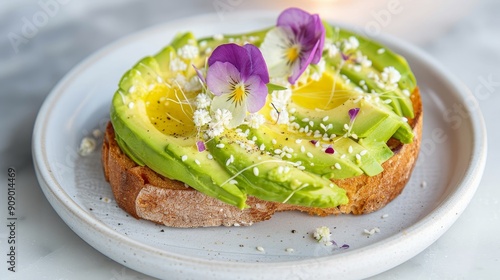 Avocado toast on an elegant marble plate, topped with a delicate flower garnish, bathed in soft, natural morning light photo