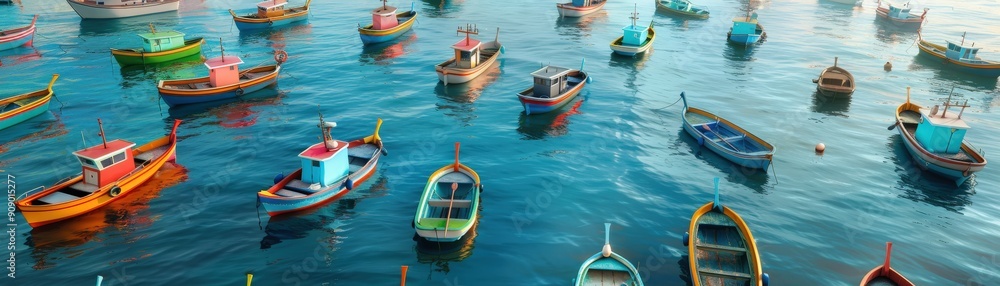 A colorful fleet of small boats dot the tranquil blue waters. A colorful fleet of small boats dot the tranquil blue waters.