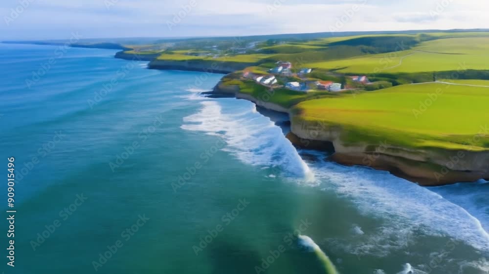 Wide shot of a coastal village, cliffs, ocean waves, picturesque scenery Wide shot of a coastal village, cliffs, ocean waves, picturesque scenery