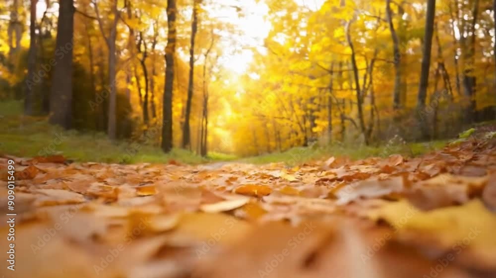 Wide shot of a forest path in autumn, fallen leaves, golden light, peaceful walk Wide shot of a forest path in autumn, fallen leaves, golden light, peaceful walk