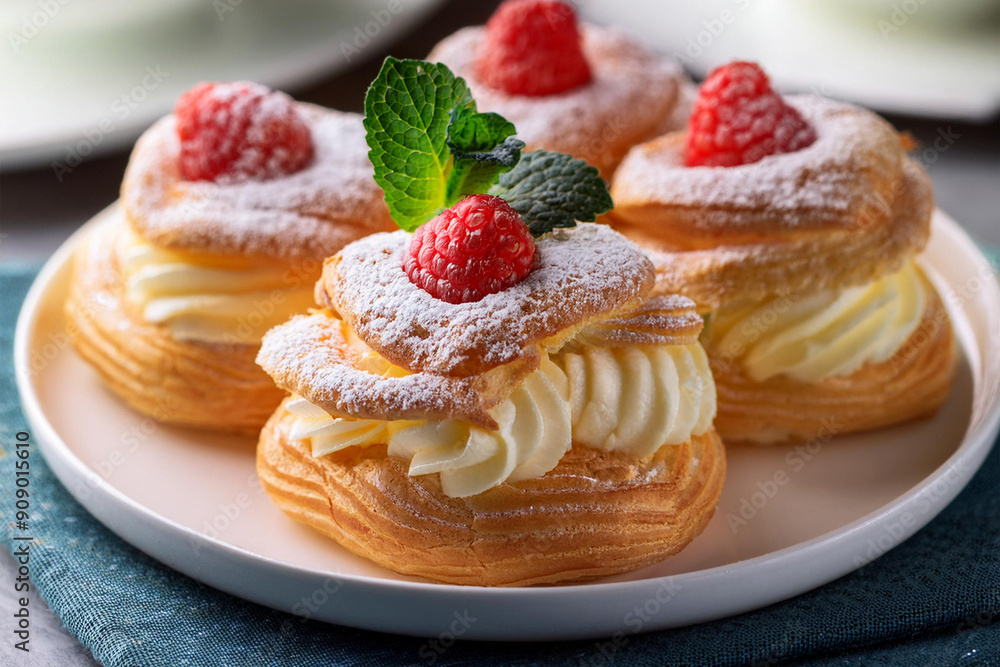 Close-up of elegant cream-filled pastries topped with fresh raspberries and dusted with powdered sugar. These delicate desserts, served on a white plate, are perfect for gourmet or bakery-themed desig Close-up of elegant cream-filled pastries topped with fresh raspberries and dusted with powdered sugar. These delicate desserts, served on a white plate, are perfect for gourmet or bakery-themed desig