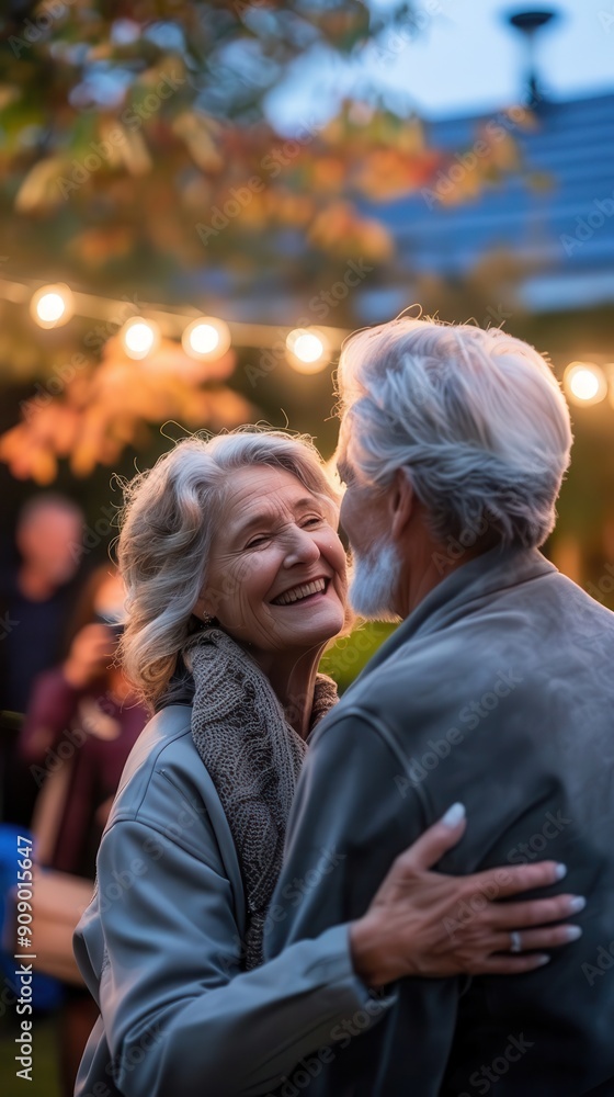 Fototapeta premium An elderly couple shares a joyful dance under twinkling lights during a warm evening gathering