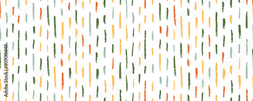 Colorful crayon drawn vertical strokes and rough lines seamless pattern. Abstract childish motif wallpaper, simple doodle texture. Thin dashes, short doodle lines. Kid's style marks and scribbles.